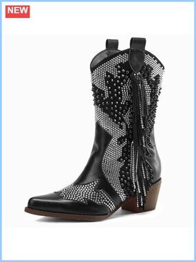 Rhinestone Cowboy Boots Pointed Toe Western Ankle Boots Tassel Chunky Heel